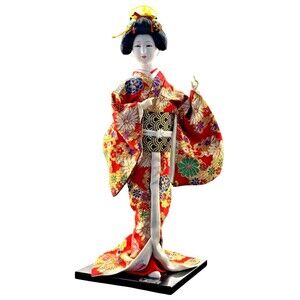 Japanese Geisha Doll Red Kimono Traditional Japan Folk Art Display Figurine 16in